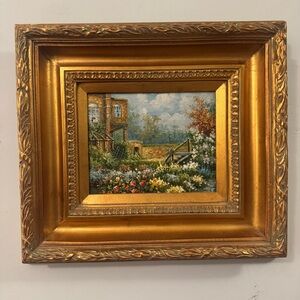Vintage European Country Scene Motif Signed By Artist In Gold Frame